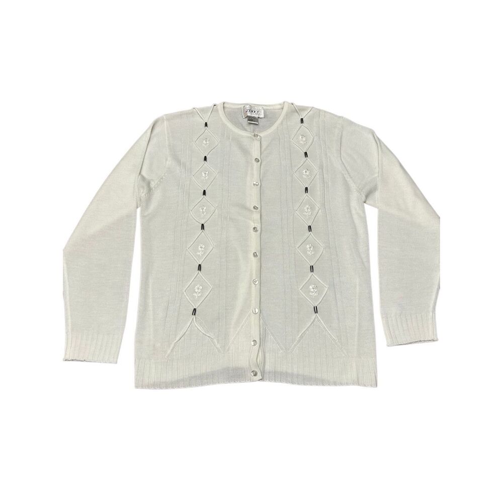 Jenny VTG White Beaded Embroidered Cardigan Sweater Size L Grandma Core Coquette